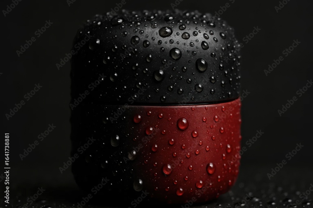 Poster an abstract representation of a cylindrical container, adorned with a pattern of black droplets on a