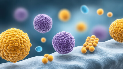 Yellow and purple cells blue particles science biology microbe cell structure abstract medical closeup vibrant