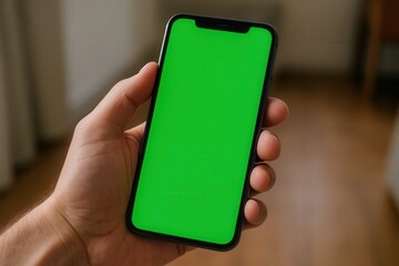 A Hand Holds a Green Smartphone in a Blurred Indoor Setting