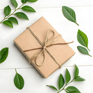 Top view of kraft paper parcel tied with jute string, fresh green leaf as decoration.