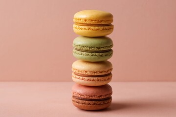 A stack of colorful macarons on a pink background