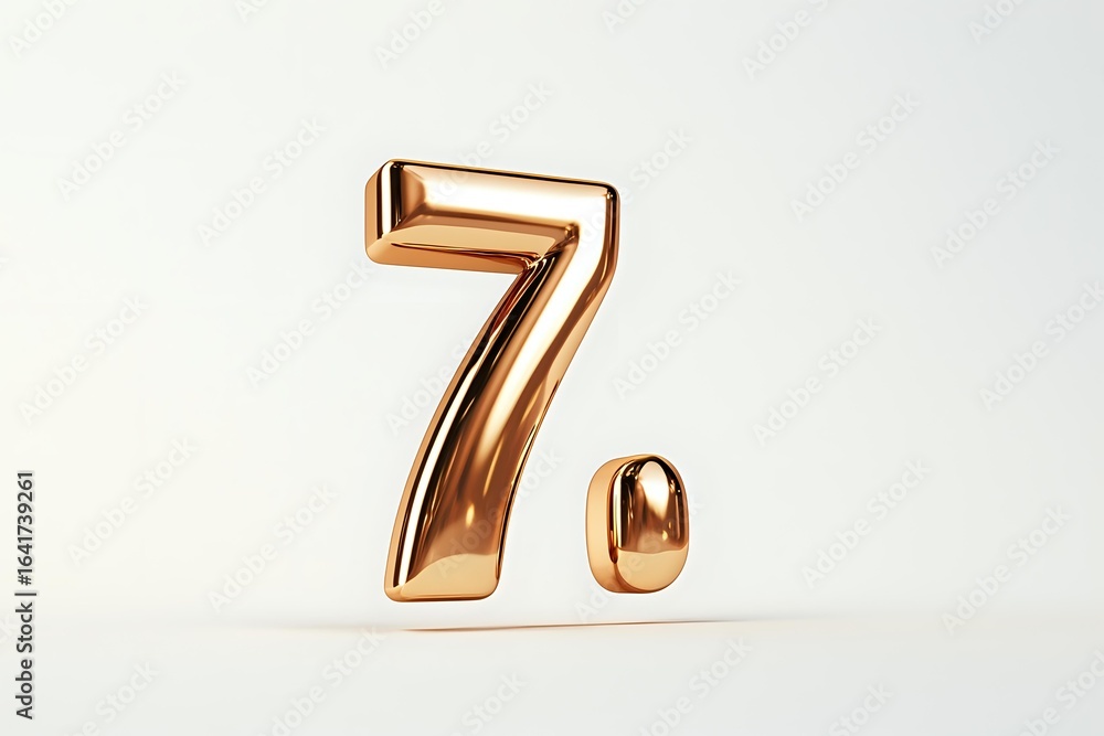 Poster golden metallic number seven with decimal point floating on light background, glossy bronze digit sy