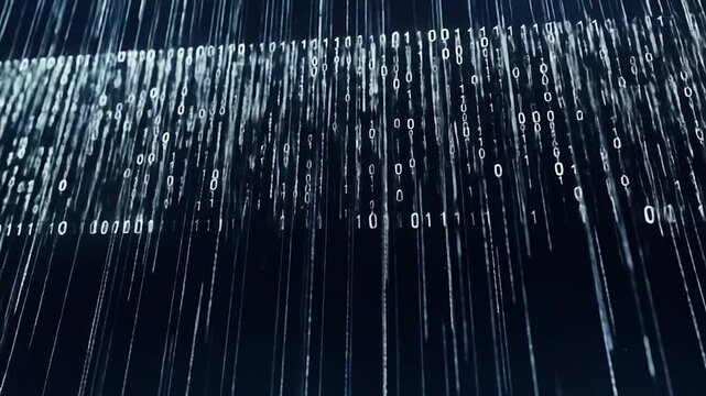 Digital Rain: Binary Code Streams Flowing Downward in Abstract Data Visualization