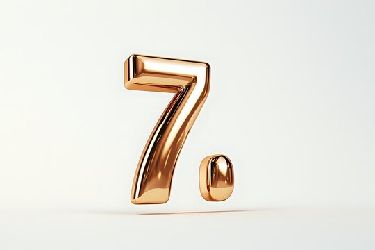 Golden metallic number seven with decimal point floating on light background, glossy bronze digit symbol for anniversary or ranking design.