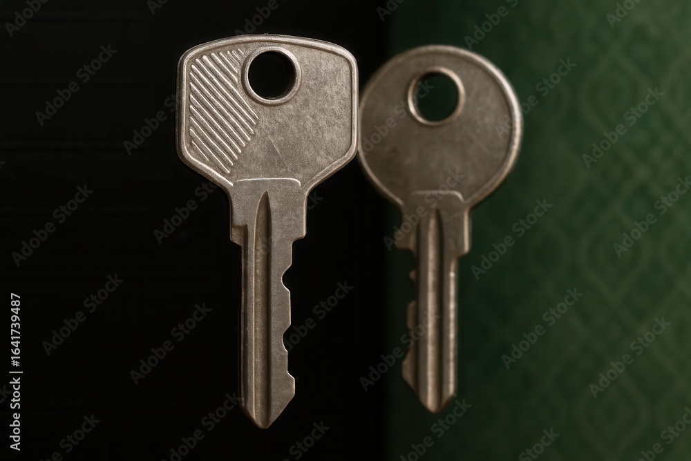 Poster two keys standing side by side on a dark background, symbolizing security and access