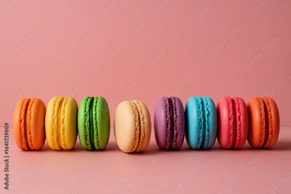 Poster a vibrant array of rainbow macarons in a row against a pink background