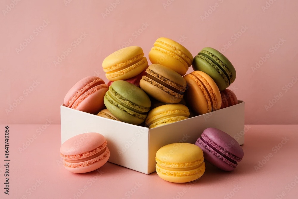 Poster an array of colorful macarons in a white box, inviting you to indulge in their sweetness