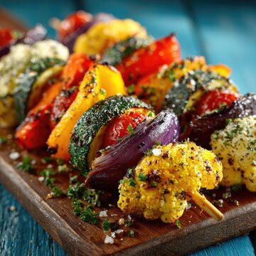Colorful vegetable skewers on a wooden board (1)