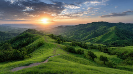 Obraz premium Epic green ridge with sunrise glow, soft light, rolling hills, lush grass, peaceful landscape, morning haze