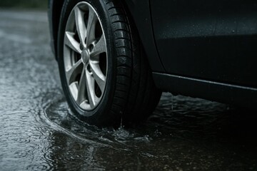A solitary car braves the rainy streets