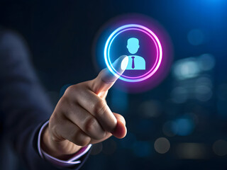 Hand touching a glowing neon user profile icon technology