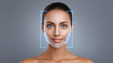Digital face scan, glowing molecular grid overlaying skin, blue eyes, beauty, technology, futuristic, smooth complexion