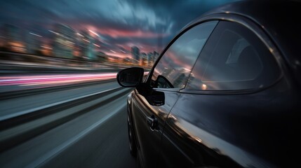 The sleek black car speeding through an urban landscape at twilight.