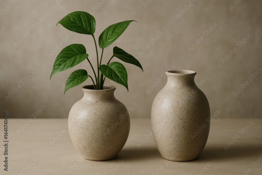 Poster two white vases with subtle patterns stand side by side, each cradling a vibrant green plant that ba