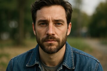 A man in denim stands amidst nature's embrace