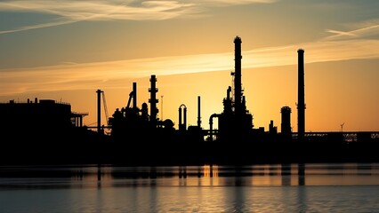 Naklejka premium Industrial refinery silhouette against a vast blue sky, creating a striking contrast of nature and machinery.
