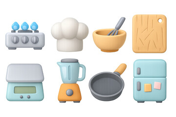 Cute 3d kitchen icons with blender, frying pan, chef hat, and more