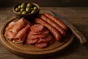 Indulge in the rich flavors of traditional Italian cuisine with a delectable assortment of cured meats, olives, and artisanal cheeses on a rustic wooden board, ready to be sliced and savored