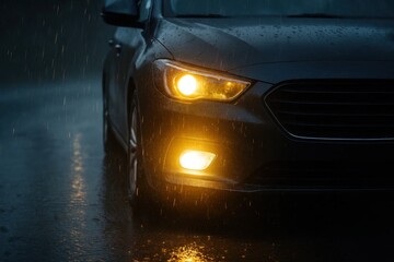 A solitary car stands as a beacon of light amidst the relentless rain
