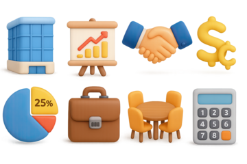 3d business icons with handshake, chart, and currency symbols on dark background