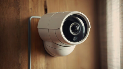 A surveillance camera is securely mounted on a wooden wall, designed for external monitoring in outdoor environments. This system enhances security and tracking capabilities