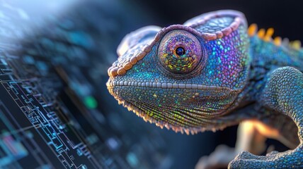 Chameleon robot showcasing dynamic RGB colors opposite a transparent screen displaying neural networks