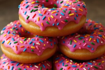 A delightful stack of pink-frosted donuts adorned with colorful sprinkles, ready to satisfy any sweet tooth!