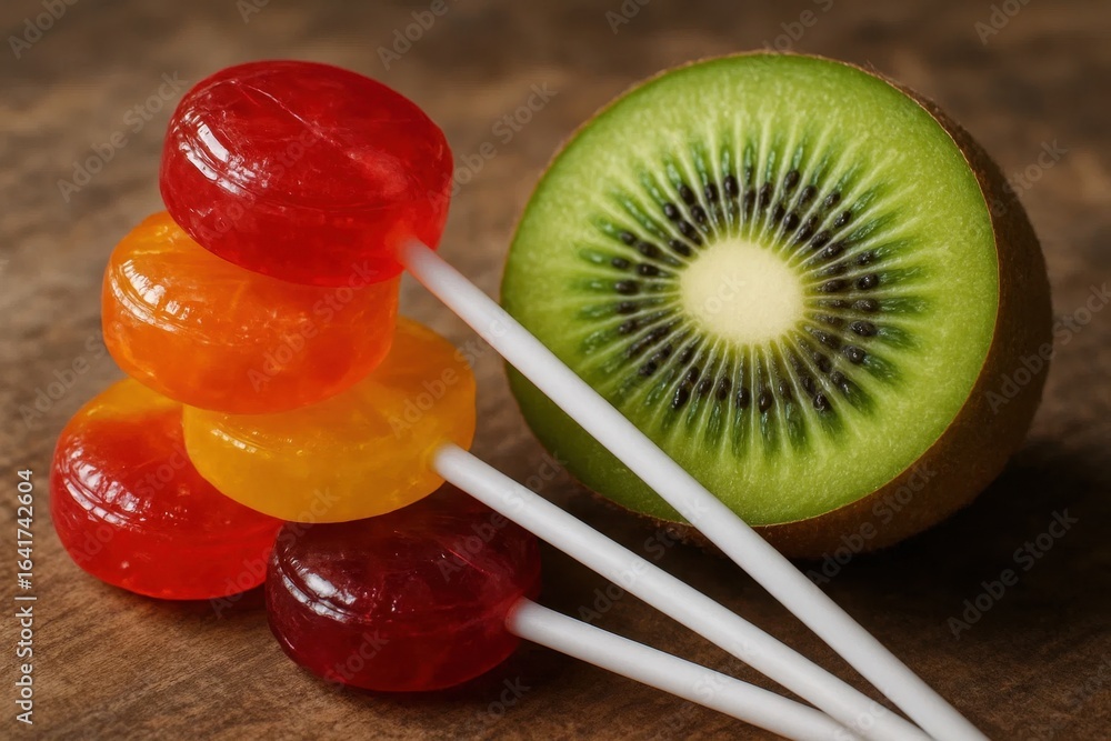 Poster colorful candy loops and kiwi slice on a textured background