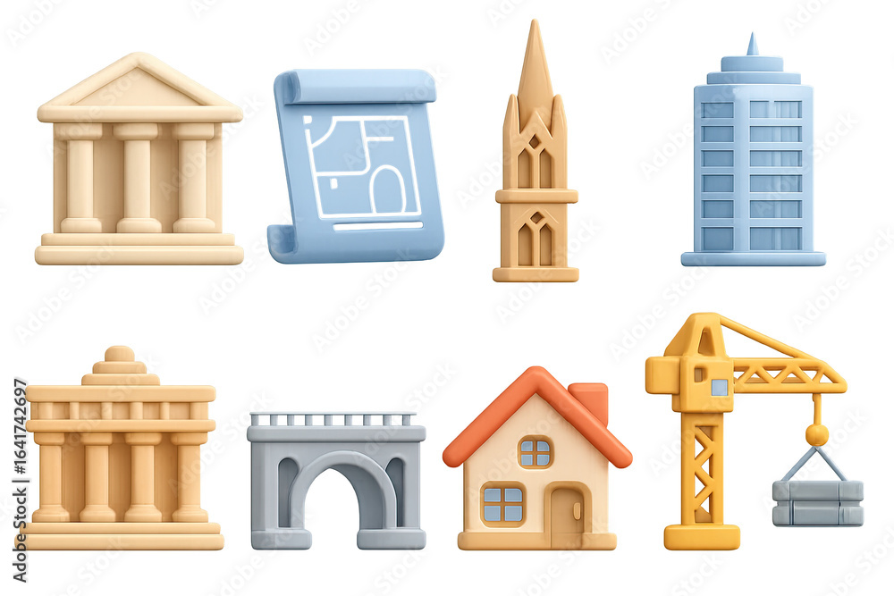 Poster colorful 3d style icons of buildings and architecture elements