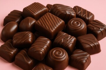 Naklejka premium A delightful assortment of glossy, smoothly crafted confections scattered on a soft pink backdrop