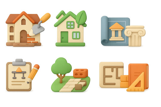 Colorful 3d icons of home construction and architecture design elements