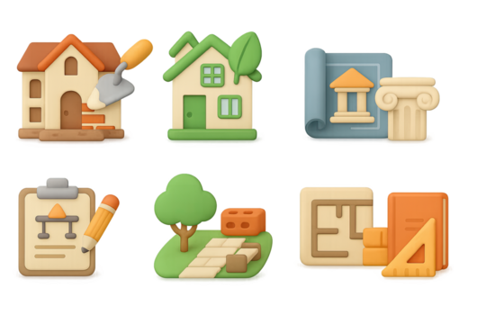 Colorful 3d icons of home construction and architecture design elements