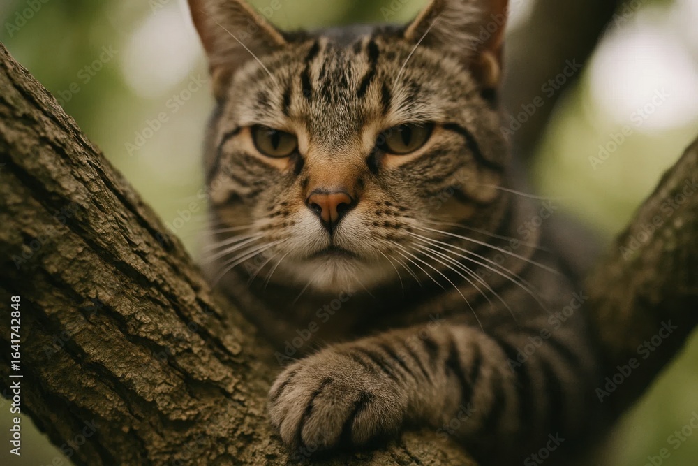 Poster a cat is sitting on a tree branch with its eyes open and looking at something in the distance