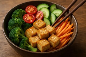 A vibrant medley of fresh vegetables and tofu in a bowl, garnished with sesame seeds, ready to be savored