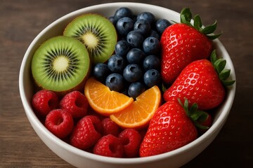 Obraz premium strawberries, blueberries, kiwi, raspberries, and oranges, all meticulously arranged to create a visually appealing and nutritious display