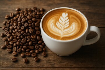 Obraz premium An inviting cup of coffee with a latte art leaf design sits on a wooden table, surrounded by freshly ground beans, symbolizing the perfect start to the day