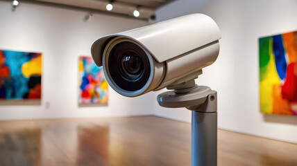 A surveillance camera is positioned to monitor the outdoor gallery space filled with vibrant, abstract artwork