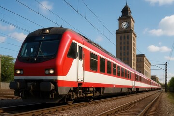 Naklejka premium A red train speeds past a historic clock tower under a clear blue sky