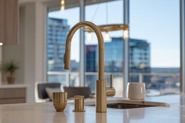 Gold faucet on white countertop overlooking city