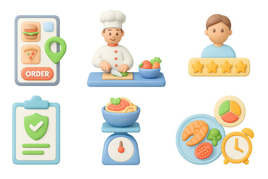 Restaurant app design with 3d icons featuring chef, food, and rating