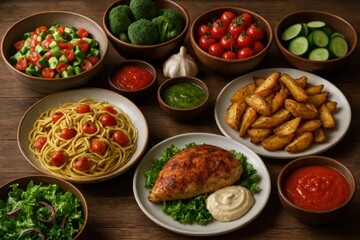A delicious meal of pasta, salad, chicken, potatoes, and vegetables is laid out on a wooden table