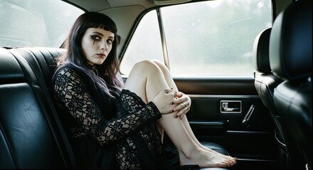 Melancholic goth girl with dark makeup and rings sits in the back seat of a vintage car, embracing her knees and exuding an air of mystery and introspection .