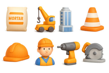Construction icons set: 3d elements of tools, vehicles, and safety gear