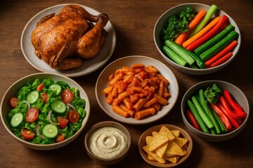 A roasted chicken, pasta with a vibrant red sauce, fresh salad, and an array of colorful vegetables ready to be savored
