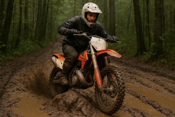 Naklejka premium Riding through the muddy forest on a dirt bike