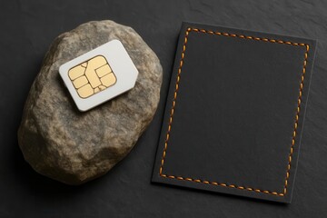A Modern SIM Card Resting on a Textured Rock with an Orange Stitch Line