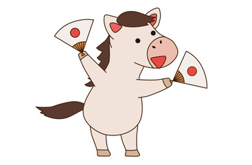 馬があっぱれと扇子を両手に持つベクターイラスト