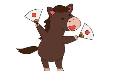 馬があっぱれと扇子を両手に持つベクターイラスト