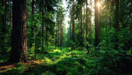 Obraz premium Sunlight streams through a dense forest. Lush green trees and undergrowth create a tranquil woodland scene