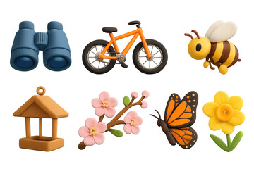 Colorful spring objects with 3d clay style including bike, binoculars, and nature elements